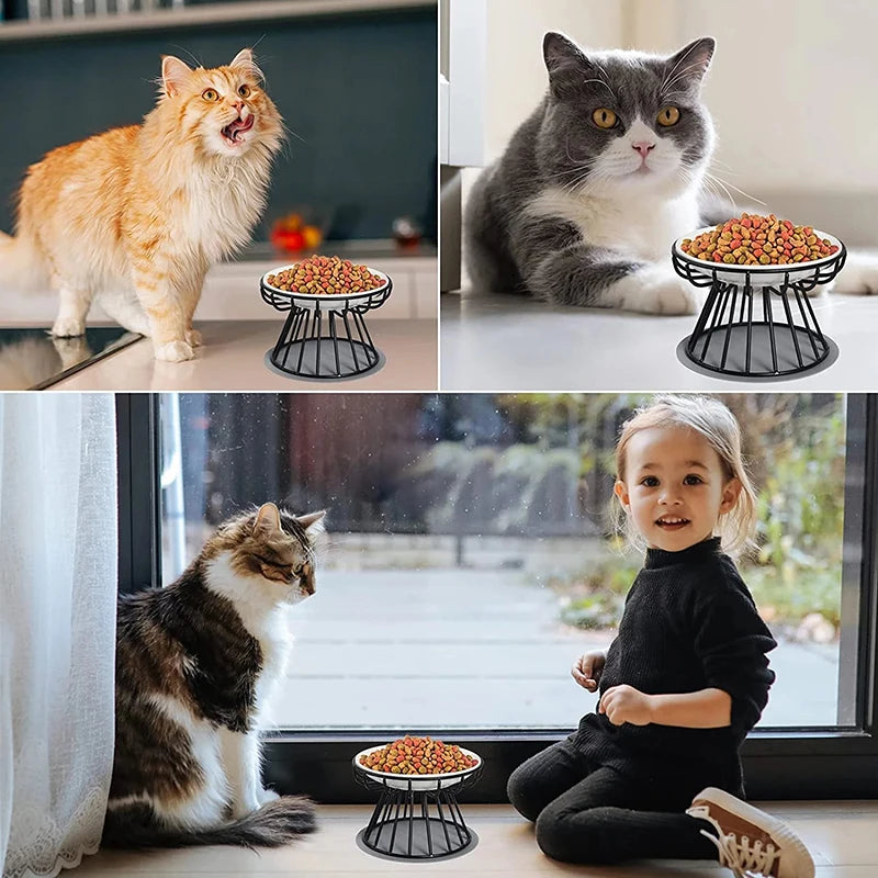 Katzenfutterspender aus Metall mit Keramikständer und Snacks